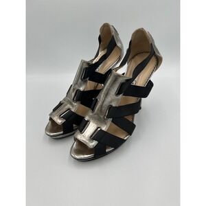 Oscar de la Renta Metallic Silver Black Strappy Platform Sandals Heels Size 39